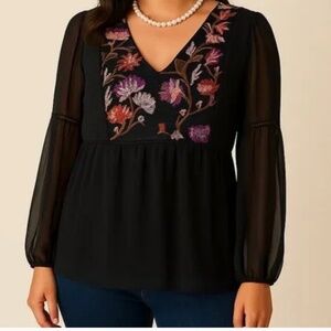 White House Black Market Floral Embroidered Black Chiffon Blouse